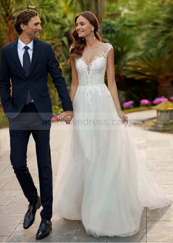 Beaded Ivory Embroidered Lace Tulle Glitter Wedding Dress